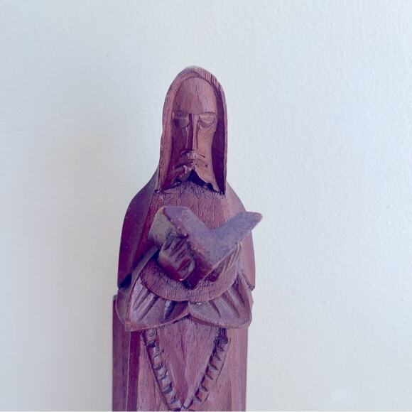 Vtg Carved Wood Monk Religious Art Statue Bible Rosary Cross Praying Altar - Picture 3 of 8